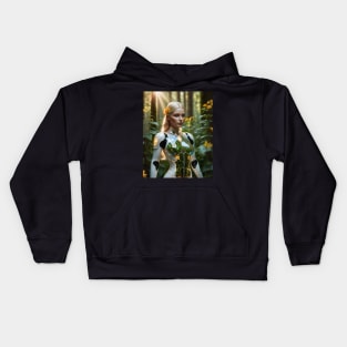 Blond girl robot in forest Kids Hoodie